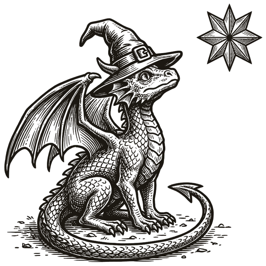 A young dragon in a witch's hat, gazing up at a star